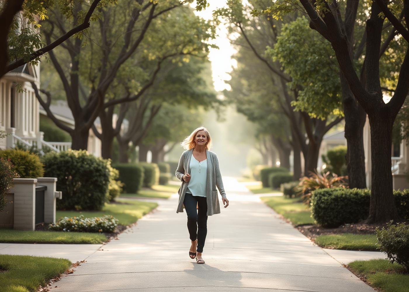 A patient walking outdoors on a tree-lined street in the morning